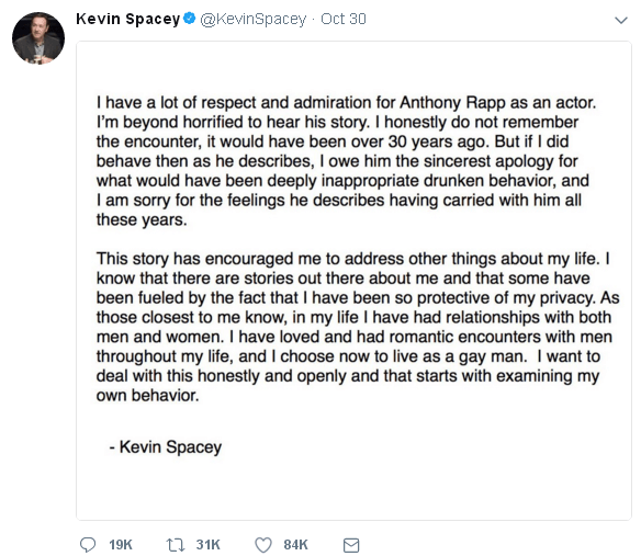 Kevin Spacey - Twitter - 30 oct 2017